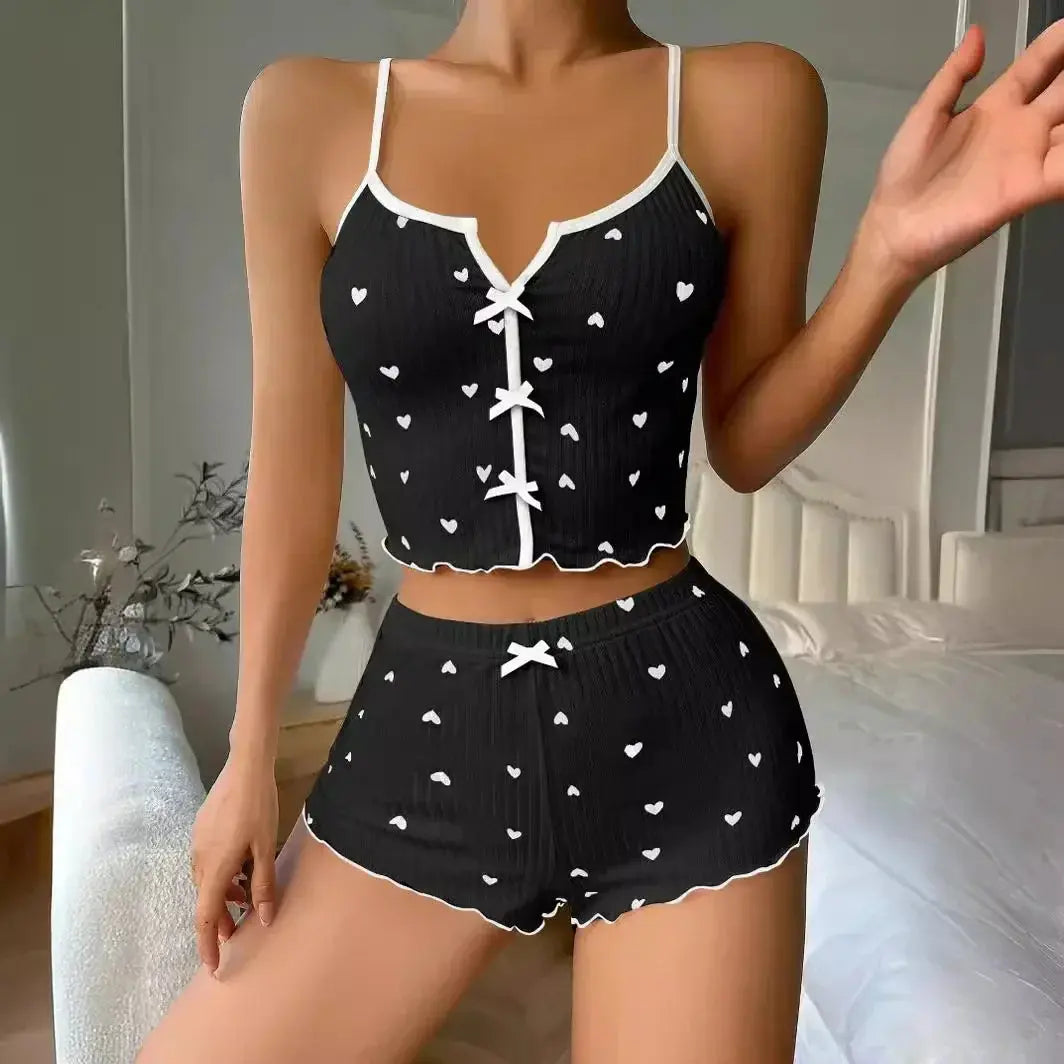 Sleepwear Women Pajamas Set Heart Print Soft Ribbed Fabric with Flirty Frill Trim Casual Cami Top and Shorts Sets Loungewear luxecrown.co.uk