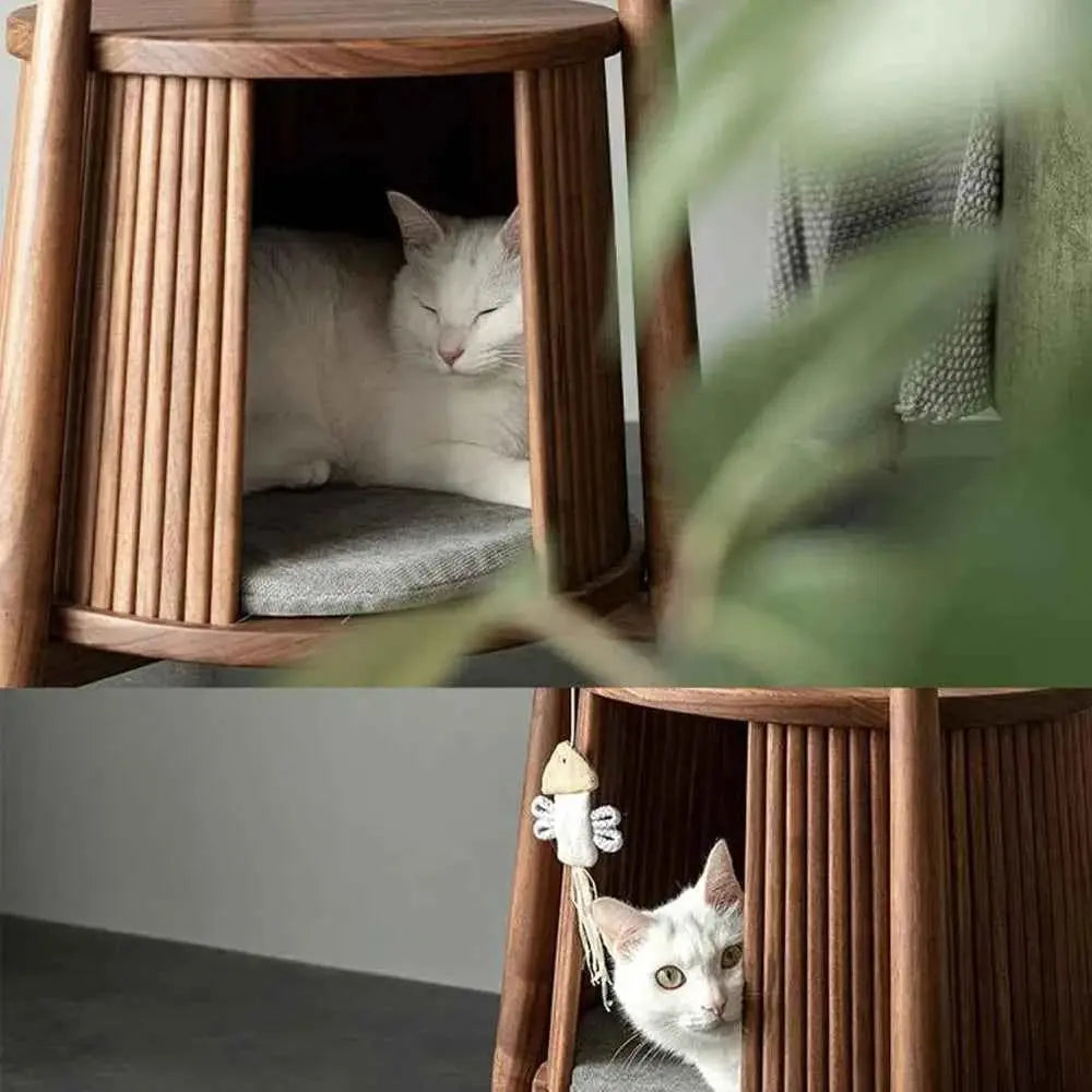 Solid Wood End Table with Built-in Cat House, Nightstand Coffee Table for Small Cats, Pet Bed Side Table Cat Condos