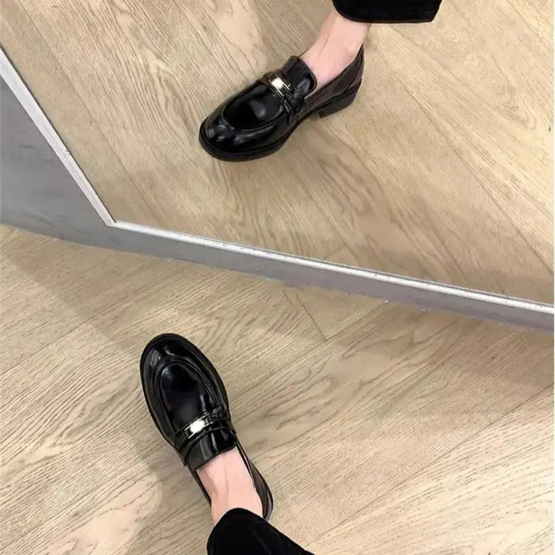 Spring New Women's Genuine Leather Shoes British Style Black Casual Shoes Banquet Office Wear Stylish Metal Design Loafers luxecrown.co.uk