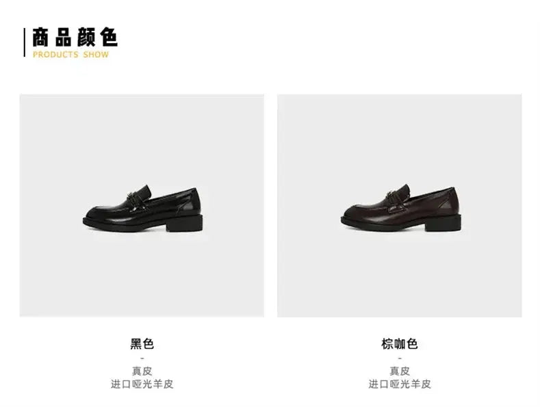 Spring New Women's Genuine Leather Shoes British Style Black Casual Shoes Banquet Office Wear Stylish Metal Design Loafers luxecrown.co.uk