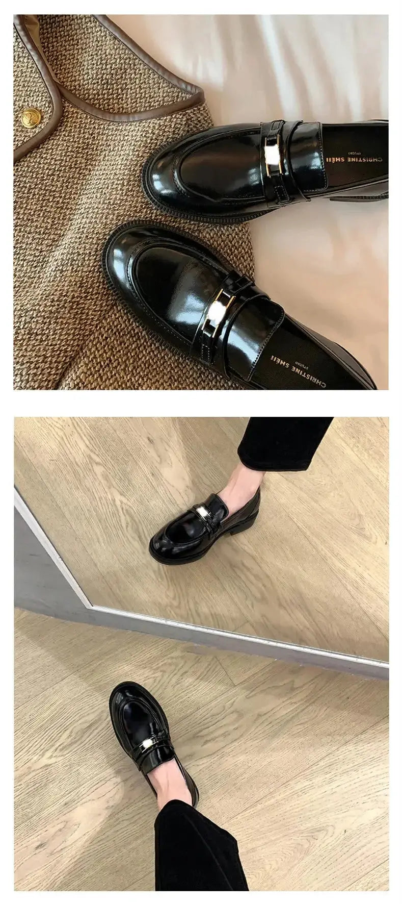 Spring New Women's Genuine Leather Shoes British Style Black Casual Shoes Banquet Office Wear Stylish Metal Design Loafers luxecrown.co.uk