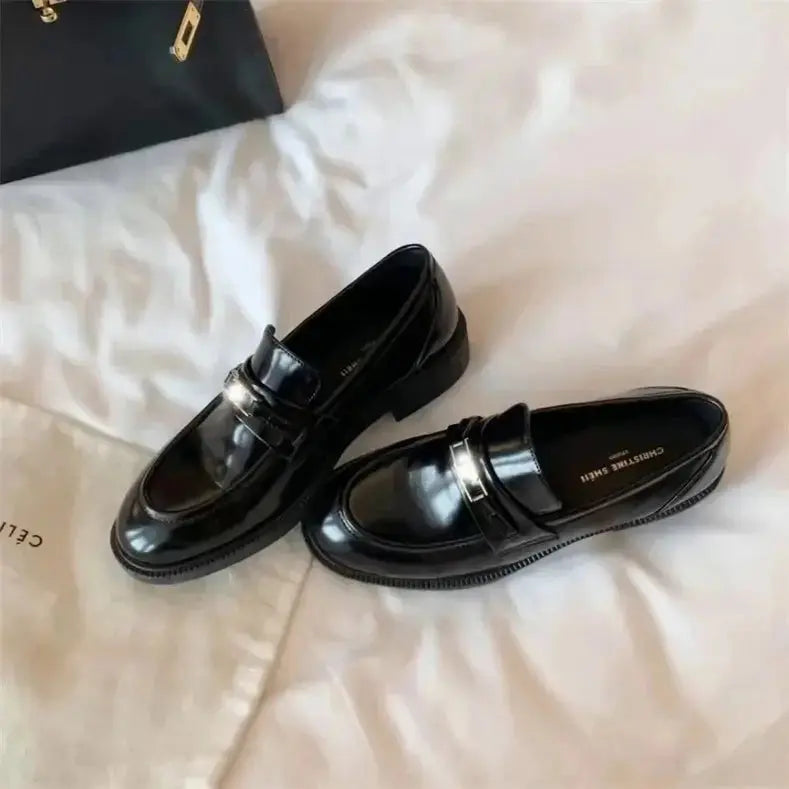 Spring New Women's Genuine Leather Shoes British Style Black Casual Shoes Banquet Office Wear Stylish Metal Design Loafers luxecrown.co.uk