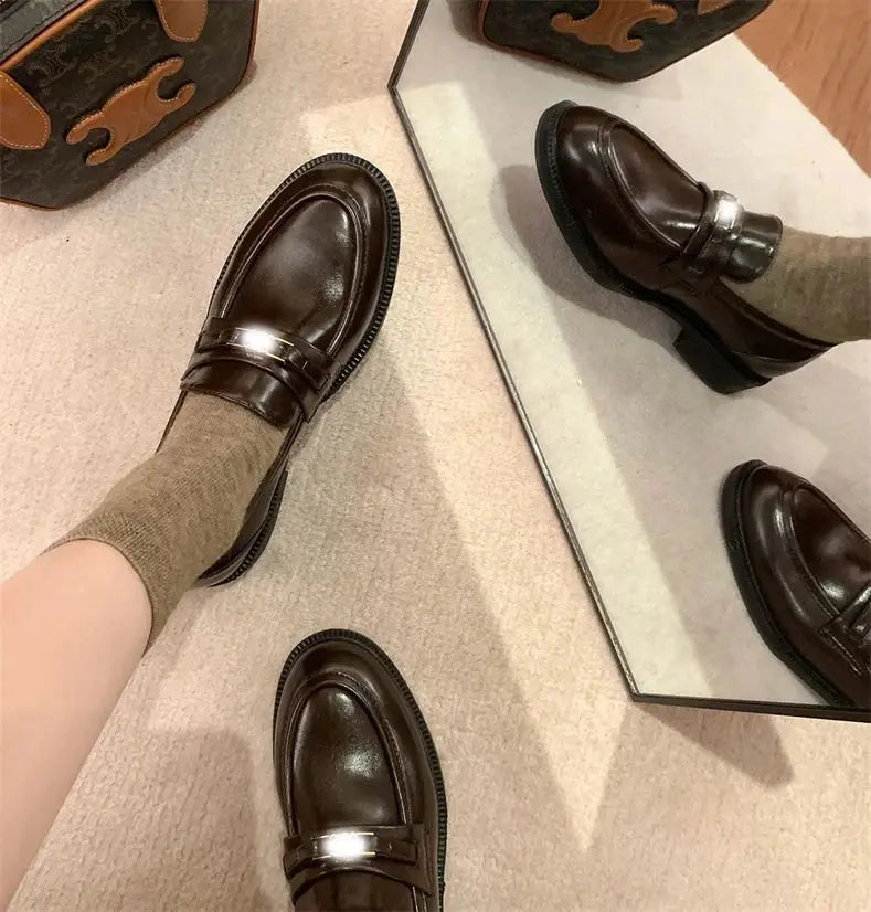 Spring New Women's Genuine Leather Shoes British Style Black Casual Shoes Banquet Office Wear Stylish Metal Design Loafers luxecrown.co.uk