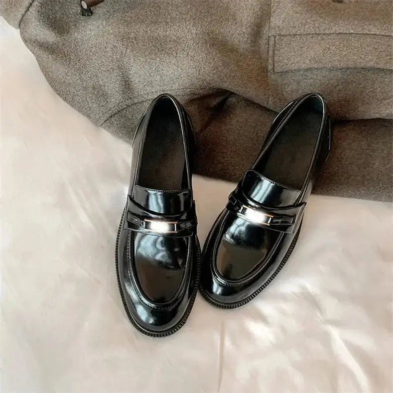 Spring New Women's Genuine Leather Shoes British Style Black Casual Shoes Banquet Office Wear Stylish Metal Design Loafers luxecrown.co.uk