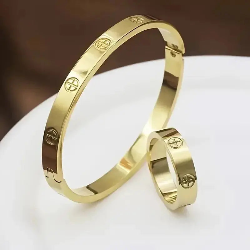 Stainless Steel Luxury Fashion Jewelry Set Golden Women Bangle Bracelet Love Cross Finger Rings For Men Women Jewelry Set Gift Streetsharks