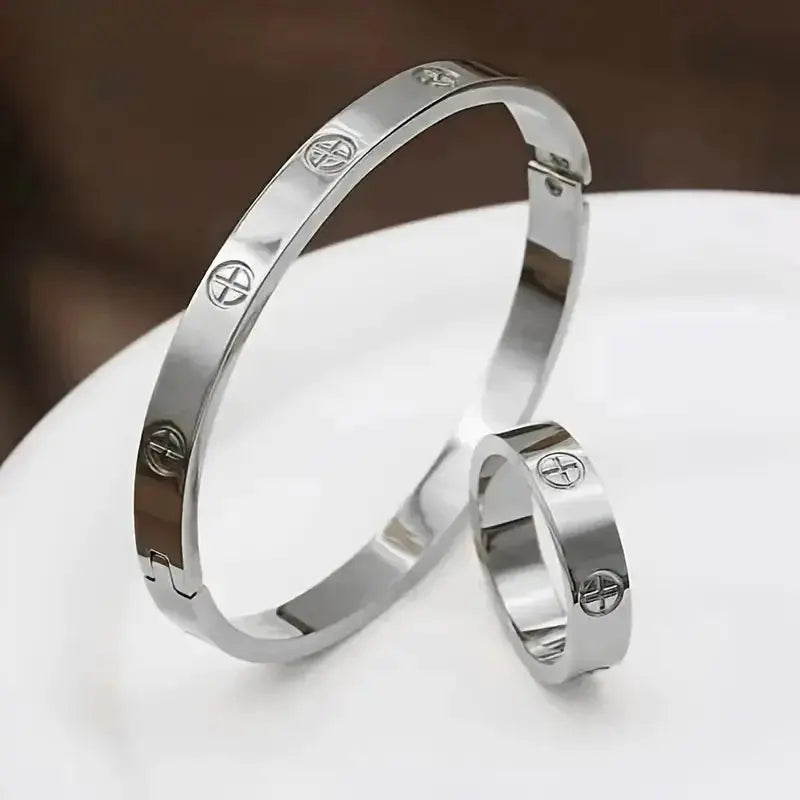 Stainless Steel Luxury Fashion Jewelry Set Golden Women Bangle Bracelet Love Cross Finger Rings For Men Women Jewelry Set Gift Streetsharks