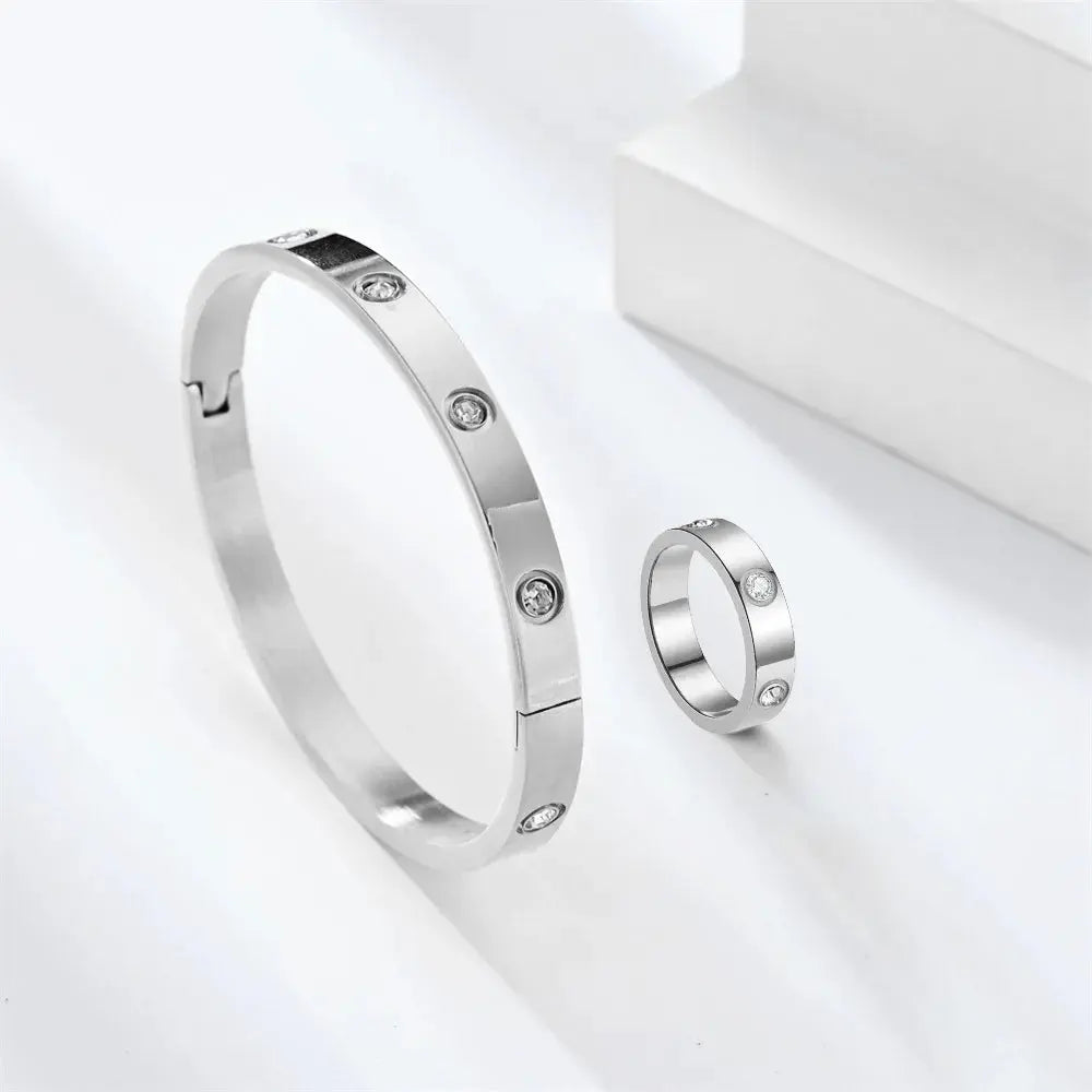 Stainless Steel Luxury Fashion Jewelry Set Golden Women Bangle Bracelet Love Cross Finger Rings For Men Women Jewelry Set Gift Streetsharks