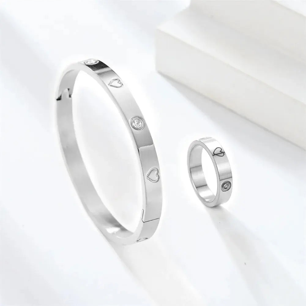 Stainless Steel Luxury Fashion Jewelry Set Golden Women Bangle Bracelet Love Cross Finger Rings For Men Women Jewelry Set Gift Streetsharks