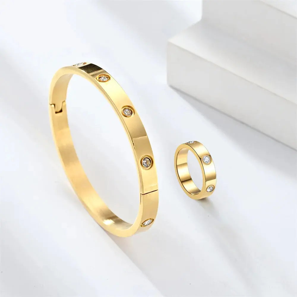 Stainless Steel Luxury Fashion Jewelry Set Golden Women Bangle Bracelet Love Cross Finger Rings For Men Women Jewelry Set Gift Streetsharks