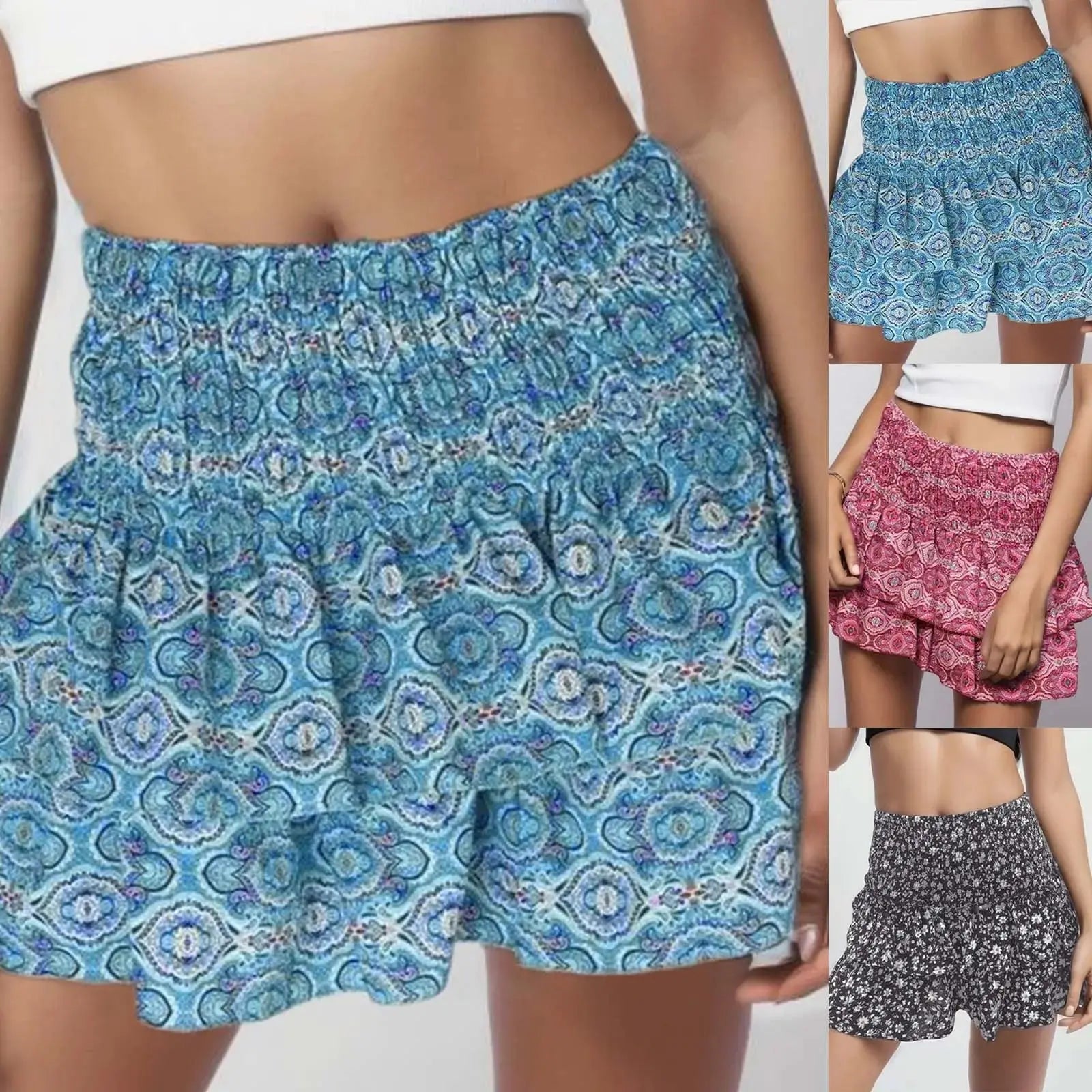 Summer Floral Pleated Skirt Womens Vintage Ruffle Print Pink Skirt Fashion Y2k Short Skirts Leisure Vacation Bohemian Miniskirt Streetsharks