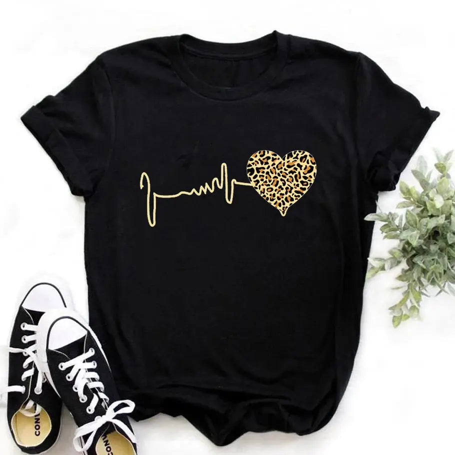 Summer New 90 's Leopard Heartbeat Short Sleeve Print Clothing Women's T-Shirt Harajuku Graphic Clothing Women's Top,Drop Ship luxecrown.co.uk