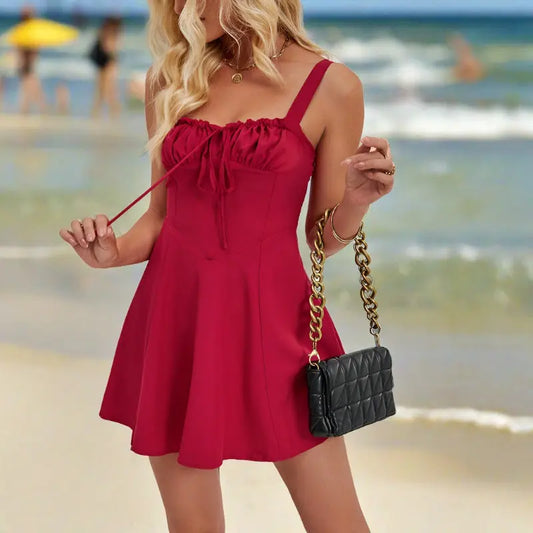 Suspender Mini Skirt for Women's Clothing, Sleeveless, Solid-Color A-line Dress StreetSharks