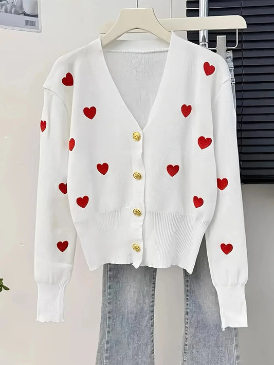 Sweater Women Knitted Coats Fashion V-neck Slim Versatile Heart Button Cardigan Autumn Office Lady Chic Long Sleeve Outerwear luxecrown.co.uk