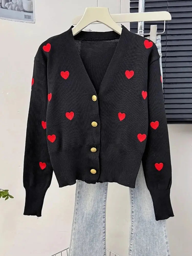 Sweater Women Knitted Coats Fashion V-neck Slim Versatile Heart Button Cardigan Autumn Office Lady Chic Long Sleeve Outerwear luxecrown.co.uk