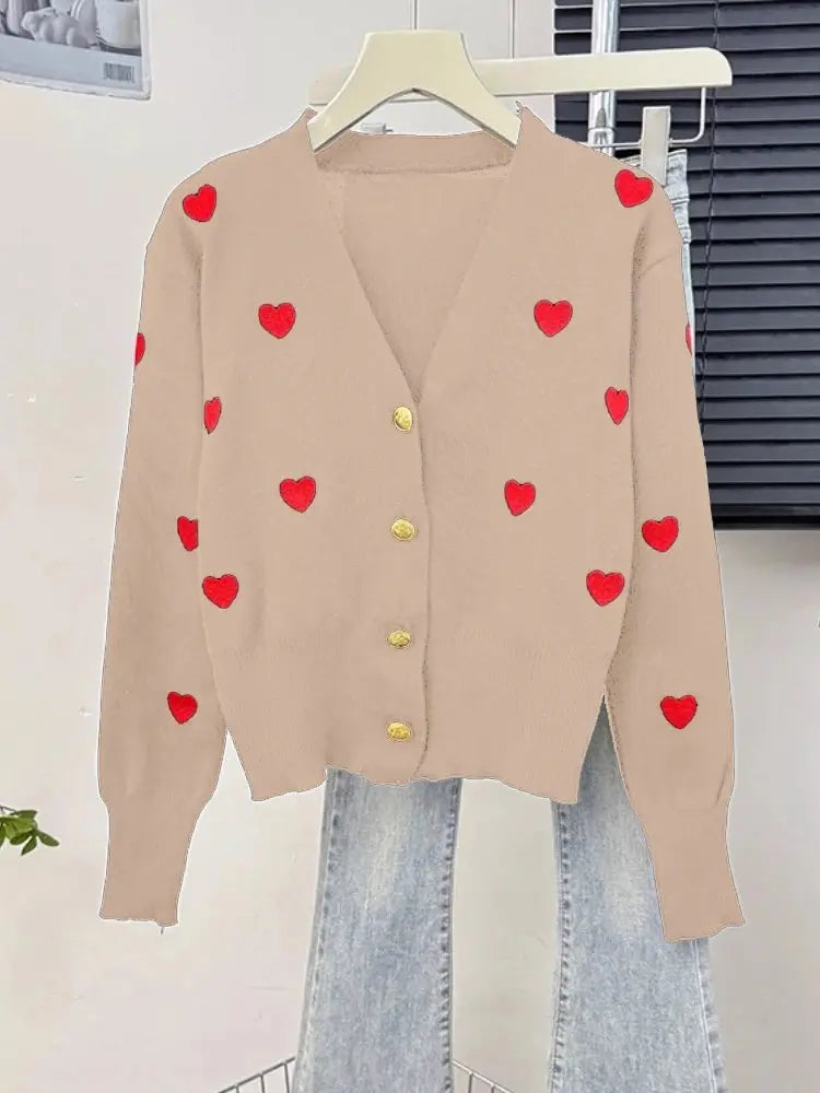 Sweater Women Knitted Coats Fashion V-neck Slim Versatile Heart Button Cardigan Autumn Office Lady Chic Long Sleeve Outerwear luxecrown.co.uk