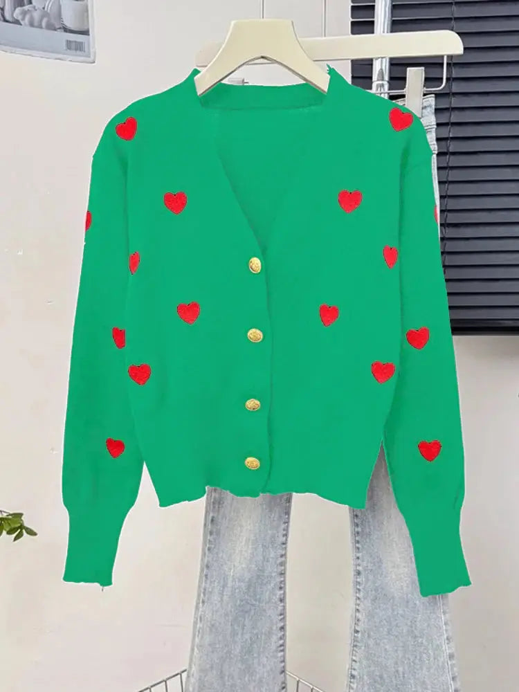 Sweater Women Knitted Coats Fashion V-neck Slim Versatile Heart Button Cardigan Autumn Office Lady Chic Long Sleeve Outerwear luxecrown.co.uk