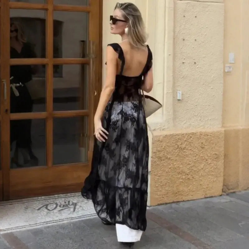 TARUXY Elegant Black Lace Sexy Dress Women's Summer New Perspective Hollow Out Slit V-Neck Straps Dress Female Party Club Dress luxecrown.co.uk
