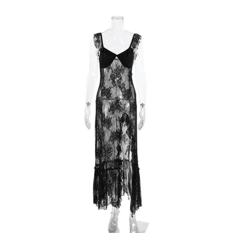 TARUXY Elegant Black Lace Sexy Dress Women's Summer New Perspective Hollow Out Slit V-Neck Straps Dress Female Party Club Dress luxecrown.co.uk