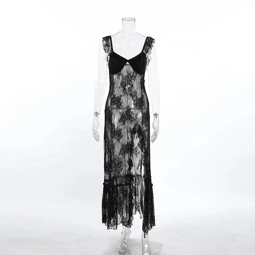 TARUXY Elegant Black Lace Sexy Dress Women's Summer New Perspective Hollow Out Slit V-Neck Straps Dress Female Party Club Dress luxecrown.co.uk