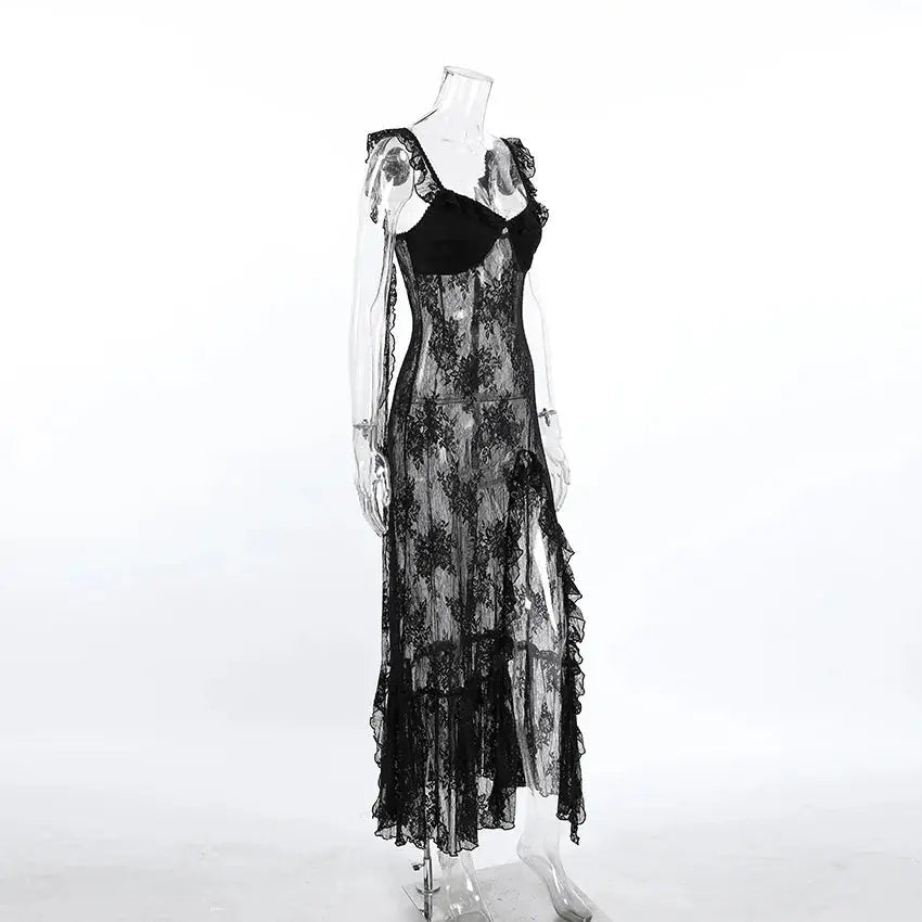 TARUXY Elegant Black Lace Sexy Dress Women's Summer New Perspective Hollow Out Slit V-Neck Straps Dress Female Party Club Dress luxecrown.co.uk