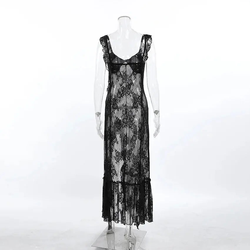 TARUXY Elegant Black Lace Sexy Dress Women's Summer New Perspective Hollow Out Slit V-Neck Straps Dress Female Party Club Dress luxecrown.co.uk