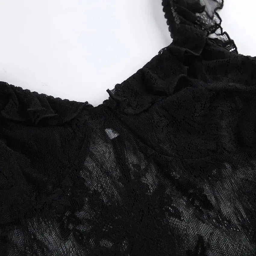 TARUXY Elegant Black Lace Sexy Dress Women's Summer New Perspective Hollow Out Slit V-Neck Straps Dress Female Party Club Dress luxecrown.co.uk