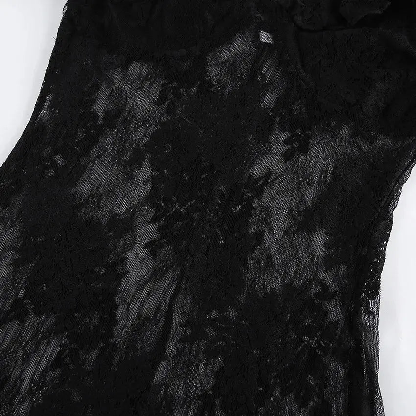TARUXY Elegant Black Lace Sexy Dress Women's Summer New Perspective Hollow Out Slit V-Neck Straps Dress Female Party Club Dress luxecrown.co.uk