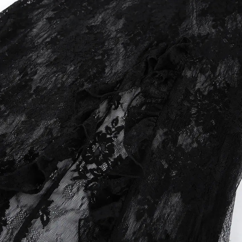 TARUXY Elegant Black Lace Sexy Dress Women's Summer New Perspective Hollow Out Slit V-Neck Straps Dress Female Party Club Dress luxecrown.co.uk