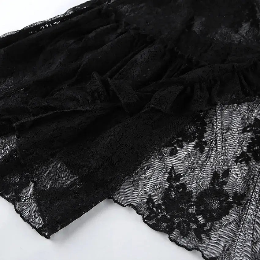TARUXY Elegant Black Lace Sexy Dress Women's Summer New Perspective Hollow Out Slit V-Neck Straps Dress Female Party Club Dress luxecrown.co.uk