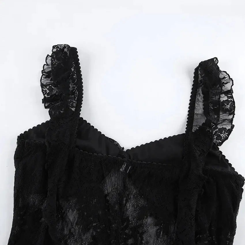 TARUXY Elegant Black Lace Sexy Dress Women's Summer New Perspective Hollow Out Slit V-Neck Straps Dress Female Party Club Dress luxecrown.co.uk