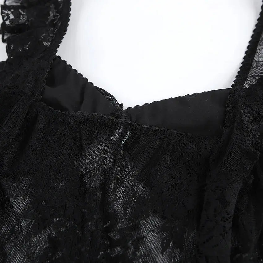 TARUXY Elegant Black Lace Sexy Dress Women's Summer New Perspective Hollow Out Slit V-Neck Straps Dress Female Party Club Dress luxecrown.co.uk