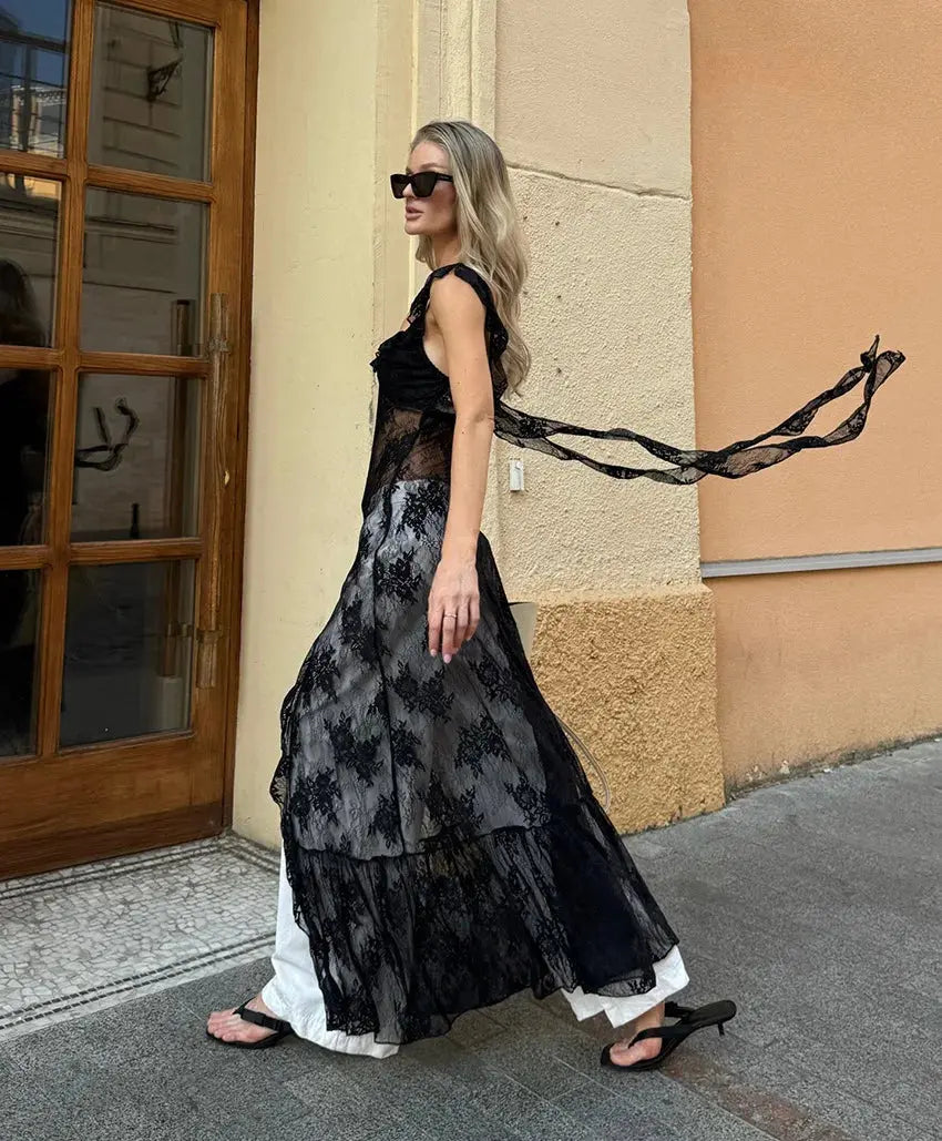 TARUXY Elegant Black Lace Sexy Dress Women's Summer New Perspective Hollow Out Slit V-Neck Straps Dress Female Party Club Dress luxecrown.co.uk