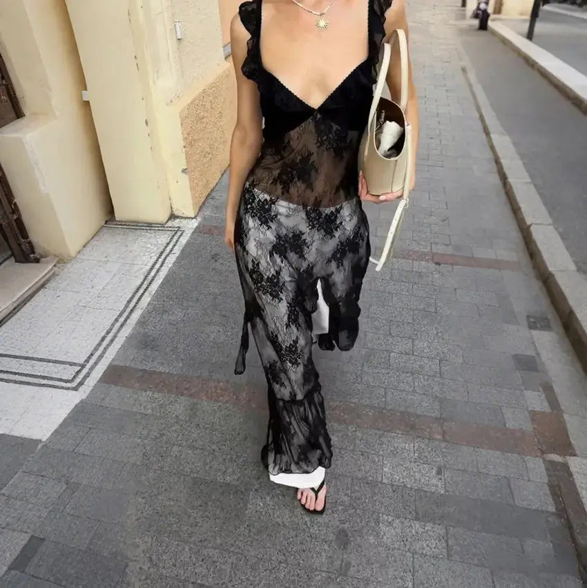 TARUXY Elegant Black Lace Sexy Dress Women's Summer New Perspective Hollow Out Slit V-Neck Straps Dress Female Party Club Dress luxecrown.co.uk