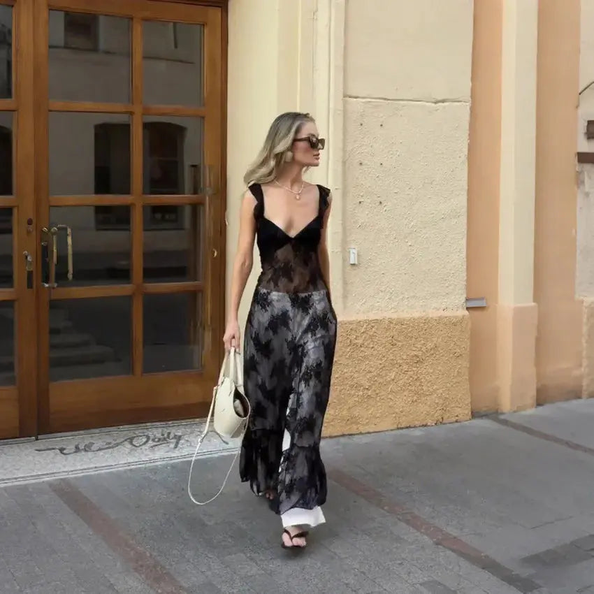 TARUXY Elegant Black Lace Sexy Dress Women's Summer New Perspective Hollow Out Slit V-Neck Straps Dress Female Party Club Dress luxecrown.co.uk