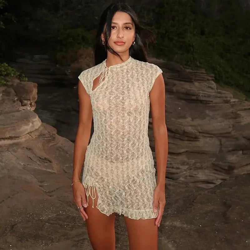 TARUXY Sexy Sheer Mini Dress Women Fashion Solid Slim Hollow-Out Lace-Up Vacation Dress 2026 New Summer Party Beach Dress Female luxecrown.co.uk