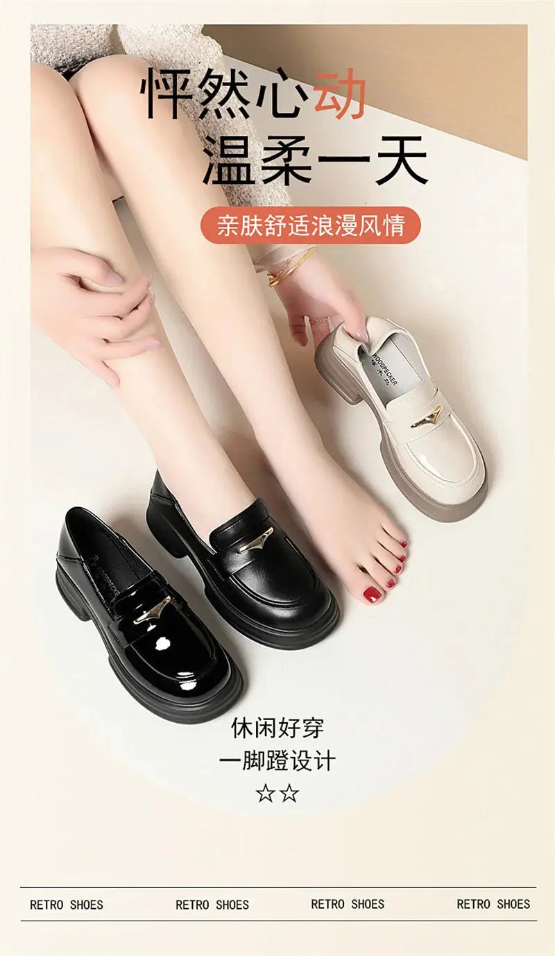 Thick-Soled Loafers Women's Spring And Autumn New British Style Retro Sponge Cake Leather Shoes Thick Heel Black Single Shoes luxecrown.co.uk