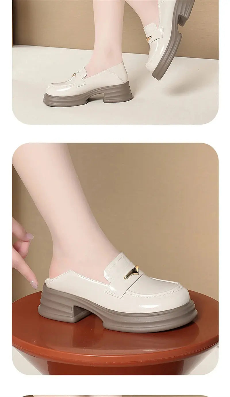 Thick-Soled Loafers Women's Spring And Autumn New British Style Retro Sponge Cake Leather Shoes Thick Heel Black Single Shoes luxecrown.co.uk