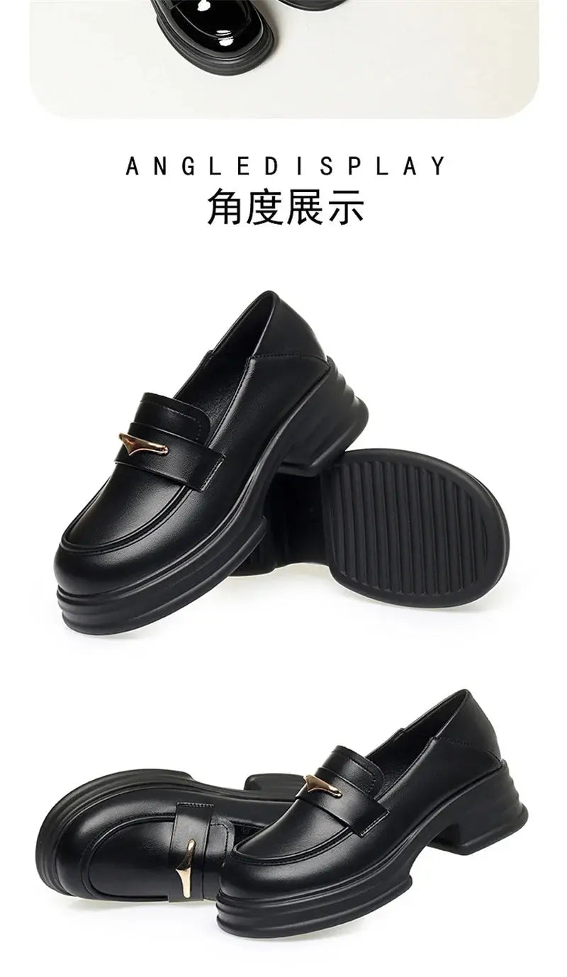 Thick-Soled Loafers Women's Spring And Autumn New British Style Retro Sponge Cake Leather Shoes Thick Heel Black Single Shoes luxecrown.co.uk