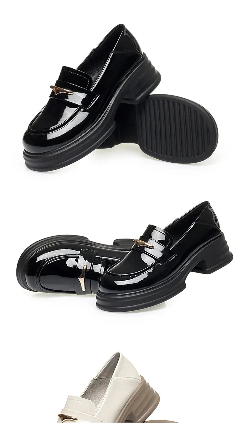 Thick-Soled Loafers Women's Spring And Autumn New British Style Retro Sponge Cake Leather Shoes Thick Heel Black Single Shoes luxecrown.co.uk