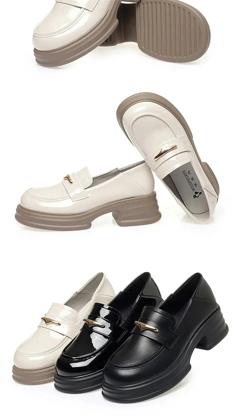 Thick-Soled Loafers Women's Spring And Autumn New British Style Retro Sponge Cake Leather Shoes Thick Heel Black Single Shoes luxecrown.co.uk