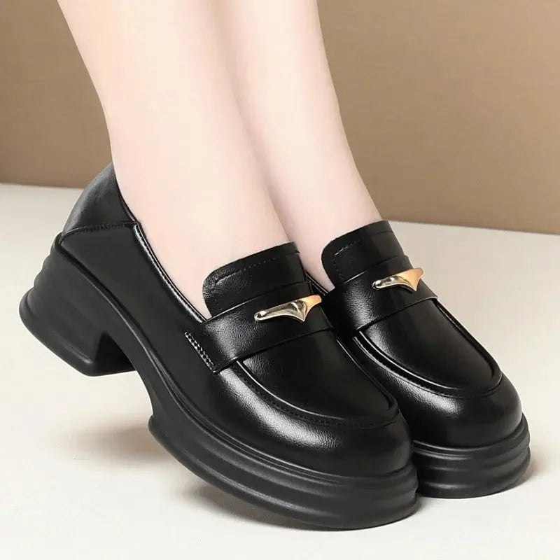 Thick-Soled Loafers Women's Spring And Autumn New British Style Retro Sponge Cake Leather Shoes Thick Heel Black Single Shoes luxecrown.co.uk