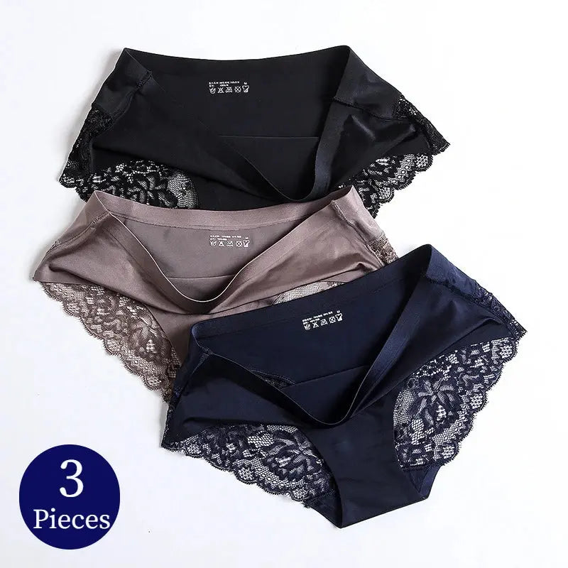 TrowBridge 3PCS/Set Women's Panties Exquisite Lace Underwear Sexy Lingerie Big Size Sweet Silk Satin Briefs Soft Cozy Underpants luxecrown.co.uk