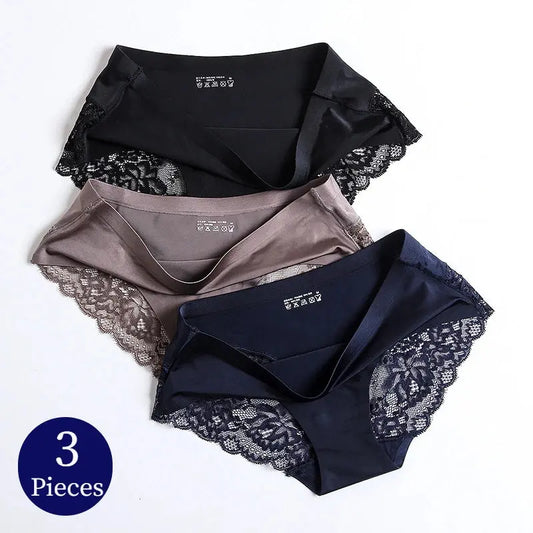 TrowBridge 3PCS/Set Women's Panties Exquisite Lace Underwear Sexy Lingerie Big Size Sweet Silk Satin Briefs Soft Cozy Underpants luxecrown.co.uk