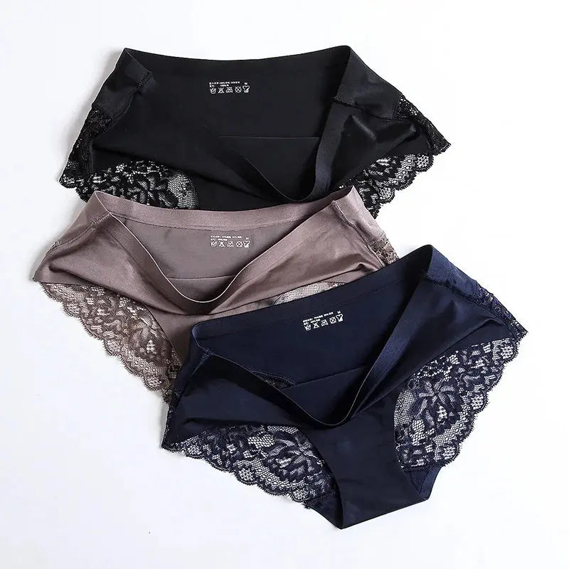 TrowBridge 3PCS/Set Women's Panties Exquisite Lace Underwear Sexy Lingerie Big Size Sweet Silk Satin Briefs Soft Cozy Underpants luxecrown.co.uk