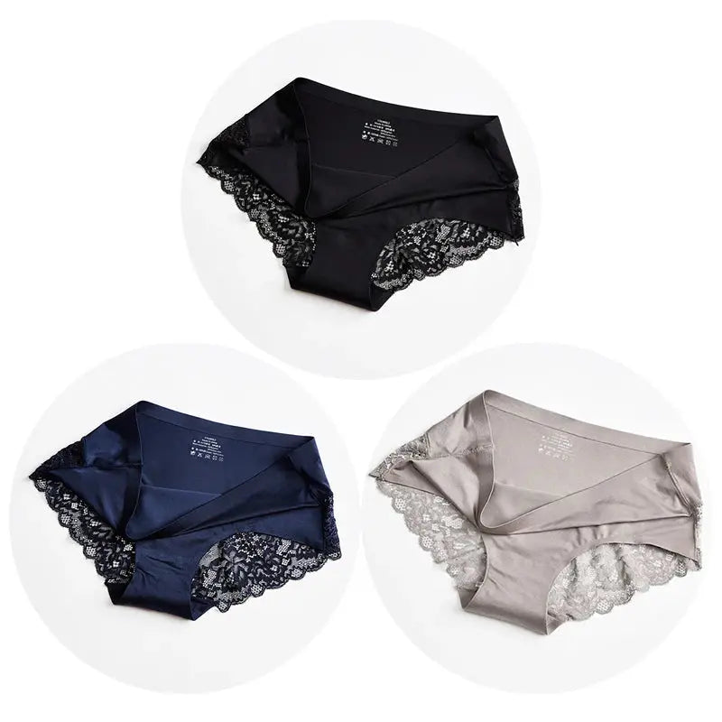 TrowBridge 3PCS/Set Women's Panties Exquisite Lace Underwear Sexy Lingerie Big Size Sweet Silk Satin Briefs Soft Cozy Underpants luxecrown.co.uk