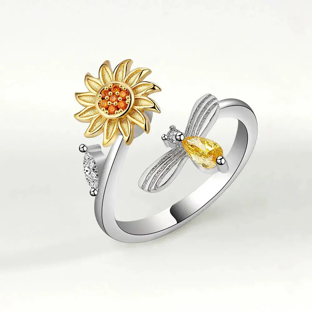 VENTFILLE 925 Sterling Silver Sunflower Diamond Zircon Rotatable Ring For Women Gift Relieve Stress Ring Jewelry Wholesale Streetsharks