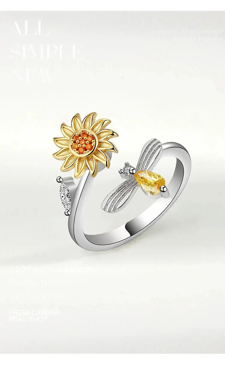 VENTFILLE 925 Sterling Silver Sunflower Diamond Zircon Rotatable Ring For Women Gift Relieve Stress Ring Jewelry Wholesale Streetsharks