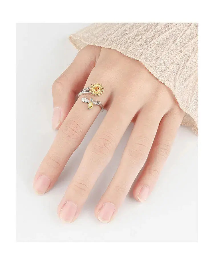 VENTFILLE 925 Sterling Silver Sunflower Diamond Zircon Rotatable Ring For Women Gift Relieve Stress Ring Jewelry Wholesale Streetsharks