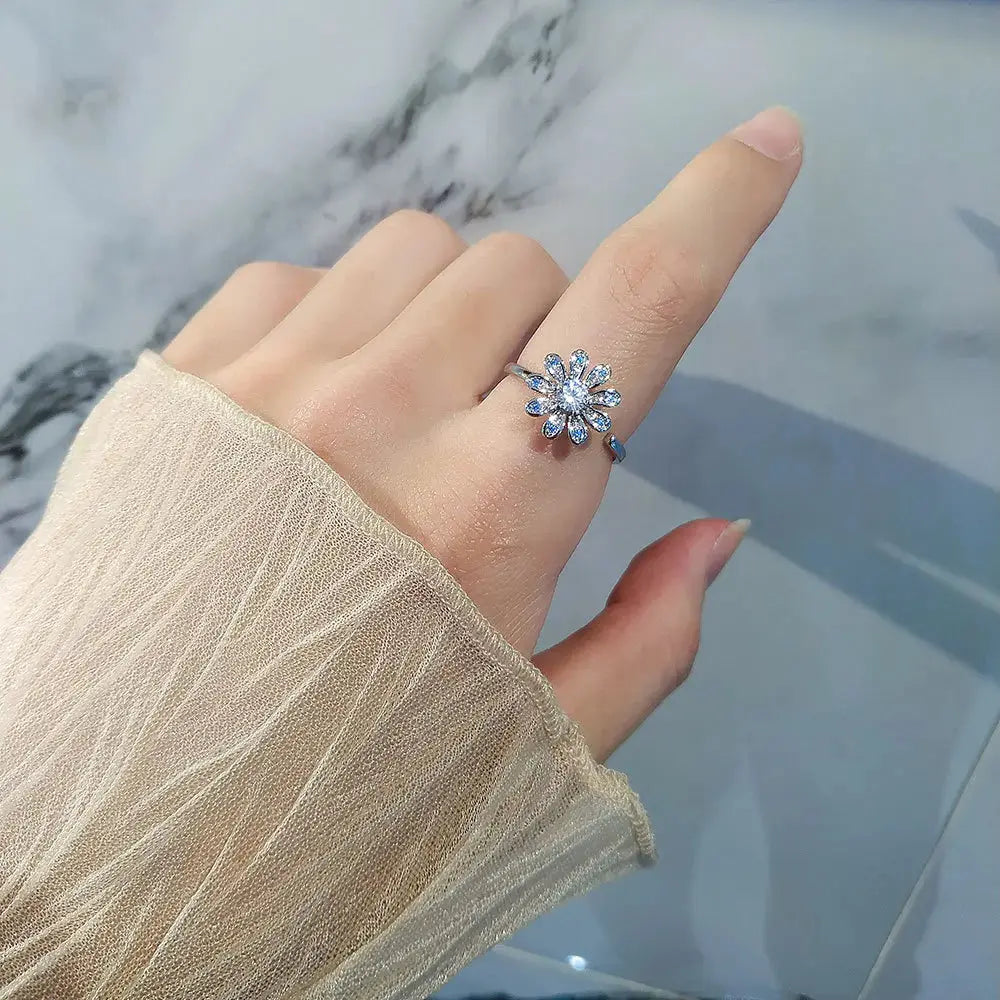 VENTFILLE 925 Sterling Silver Sunflower Diamond Zircon Rotatable Ring For Women Gift Relieve Stress Ring Jewelry Wholesale Streetsharks