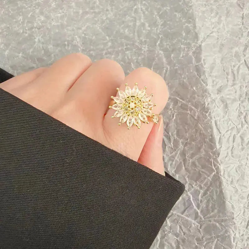 VENTFILLE 925 Sterling Silver Sunflower Diamond Zircon Rotatable Ring For Women Gift Relieve Stress Ring Jewelry Wholesale Streetsharks